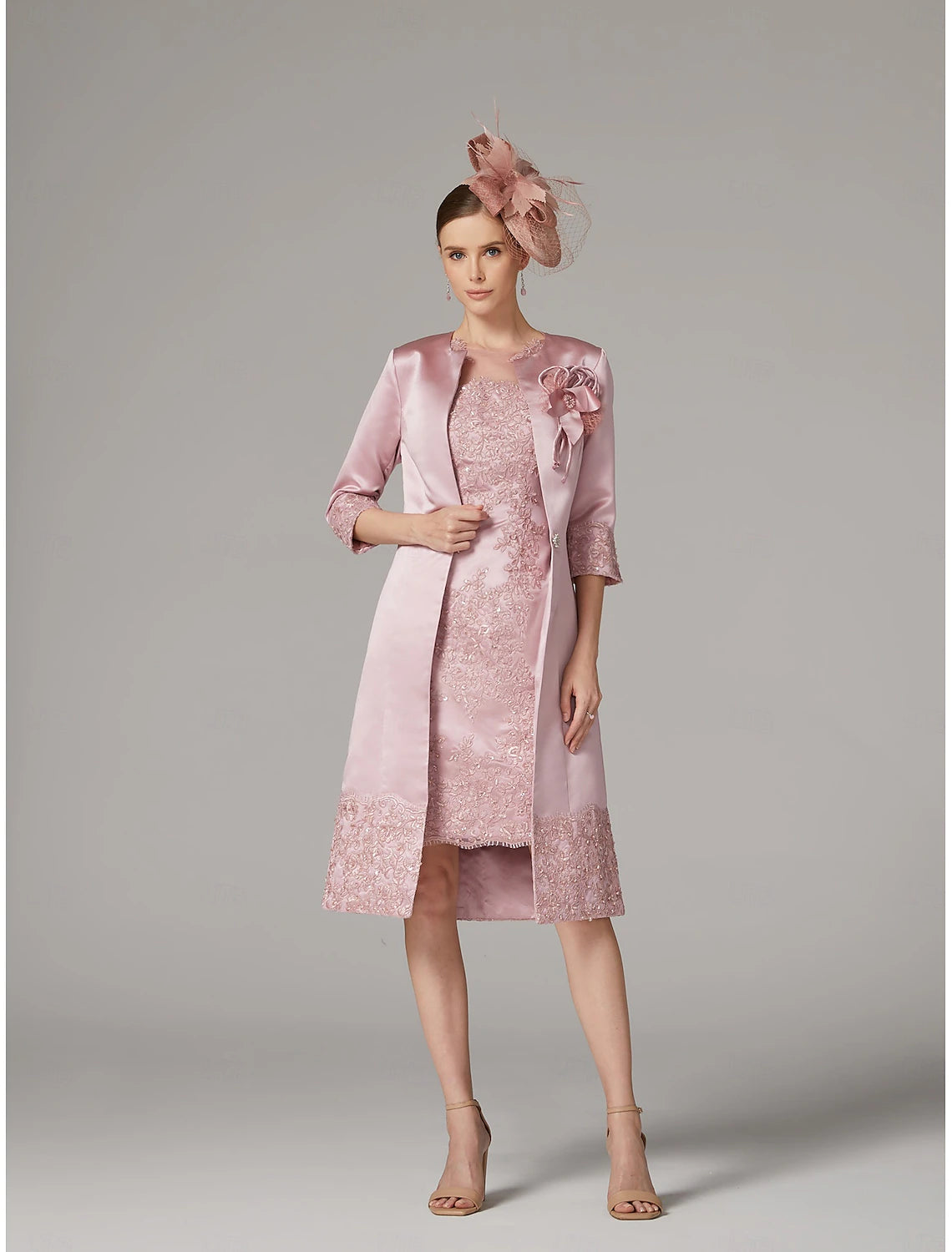 Buyishang Sheath Dress Suit Mother of the Bride Dress Vintage Plus Size Jewel Neck Knee Length Satin Lace 3/4 Length Sleeve Jacket Dresses with Appliques